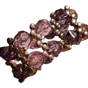 Purple Beaded Bracelet Silver Accents Stretch Chunky Faceted Beads